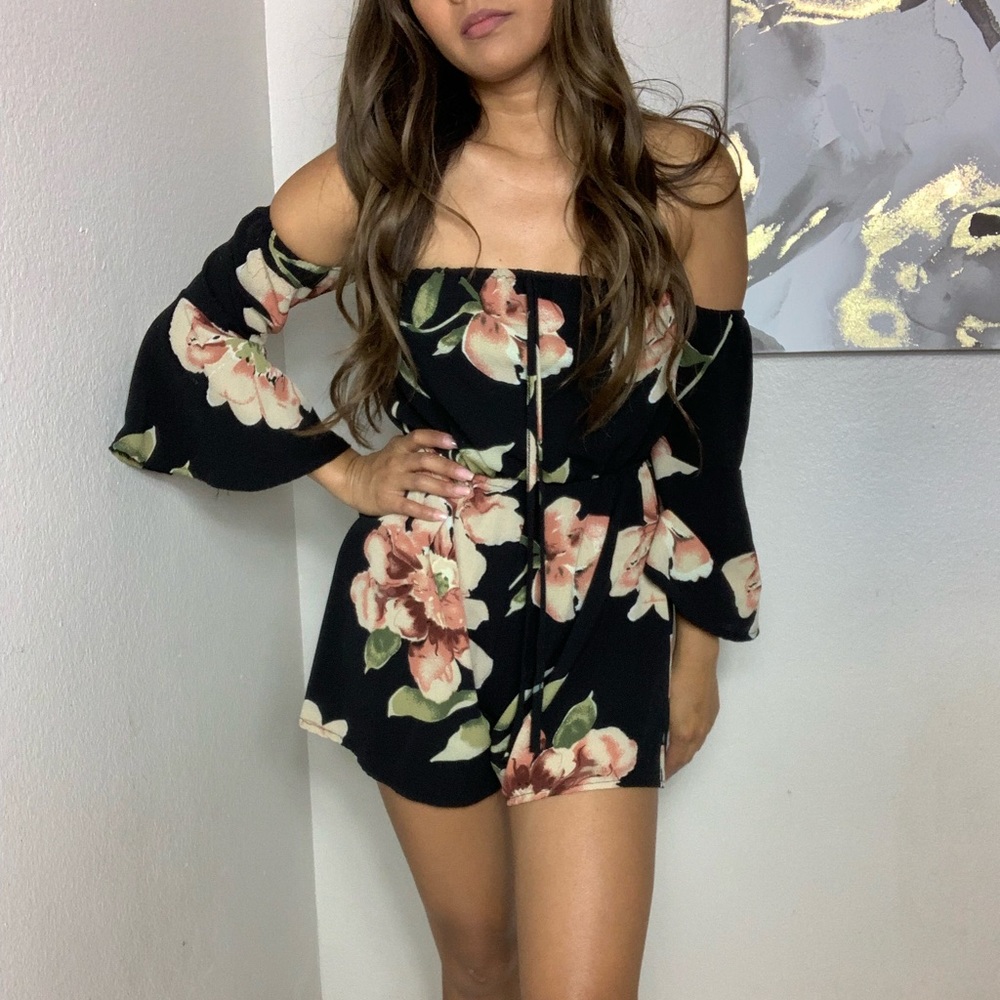 Black and Peach Floral Romper